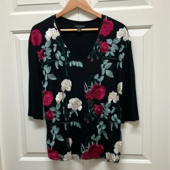 Tribal v-neck top, 3/4 sleeves, mesh front with large embroidered floral, black - Picture 1 of 5